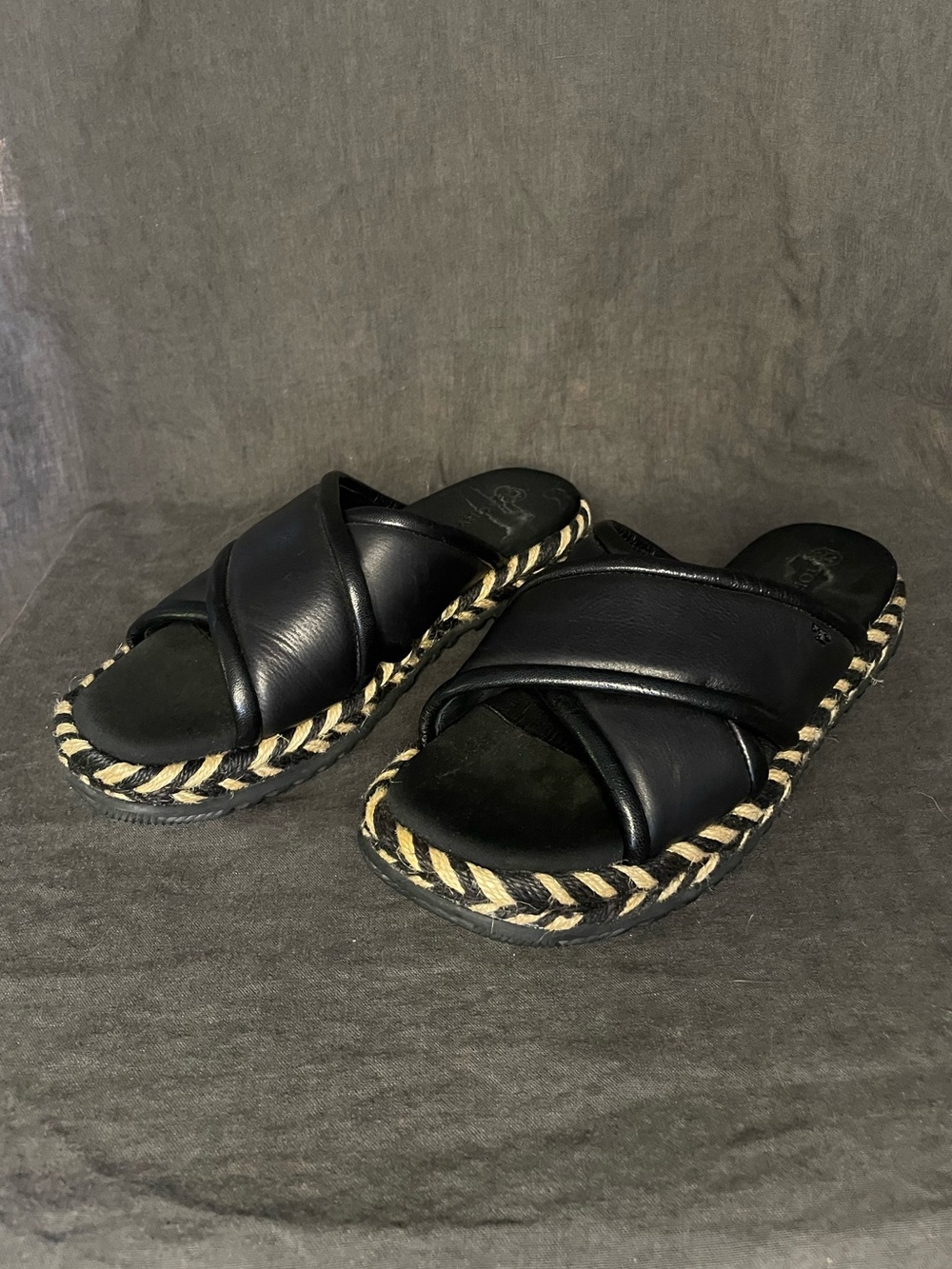 Tory Burch Crisscross Espadrille Platform Sandals Black Tan Sz 7